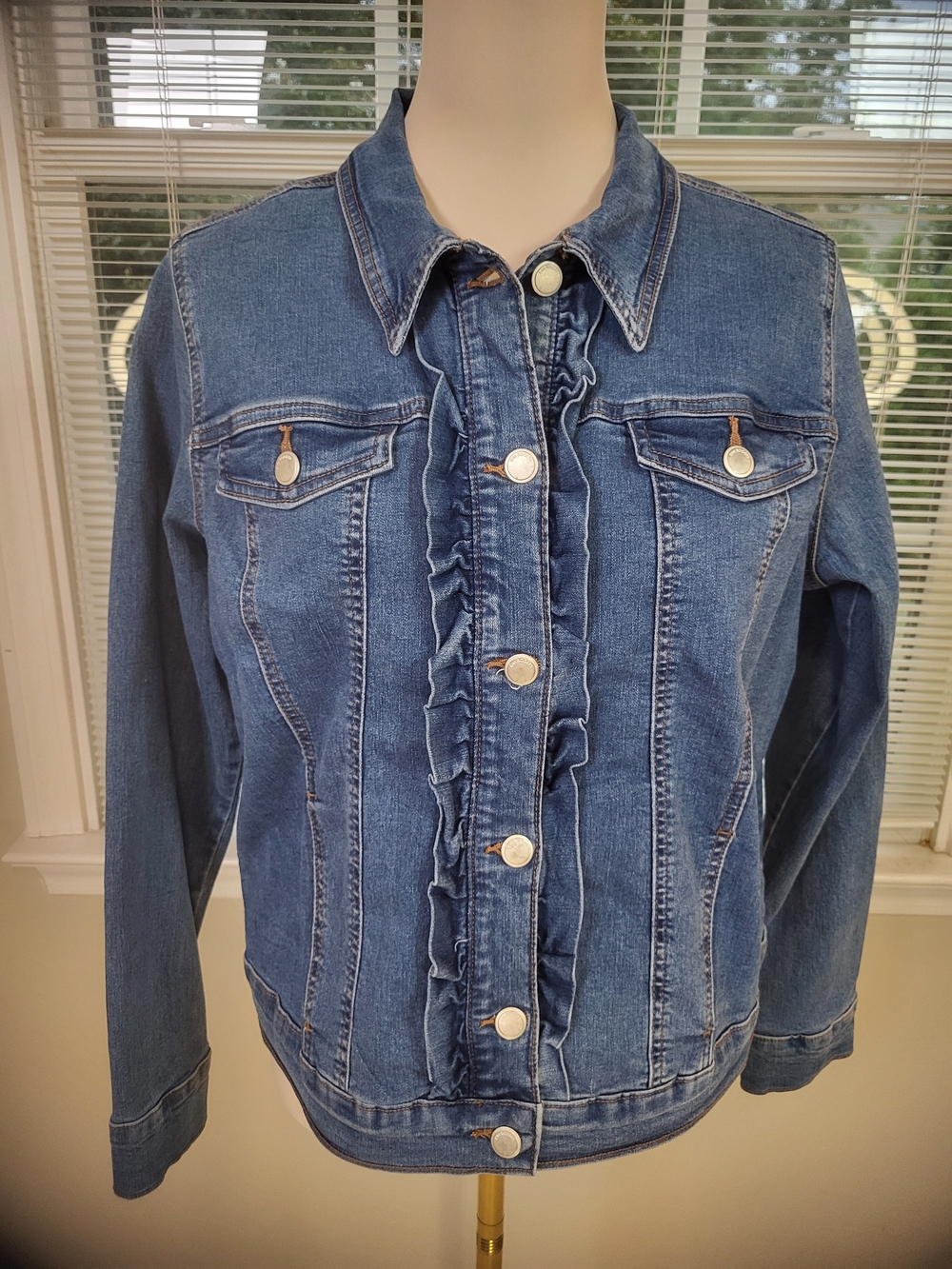 Kim Rogers Blue Denim Ruffle-Front Jacket